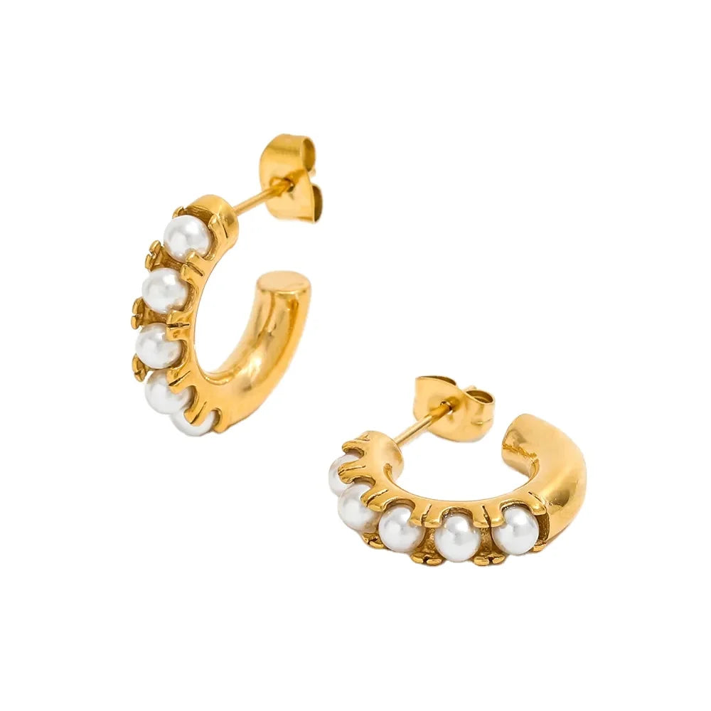 New Trendy Earring 18K Gold Plated Basic Pearl Hoop Earrings for Women Stainless Steel Fashion Jewelry Wholesale