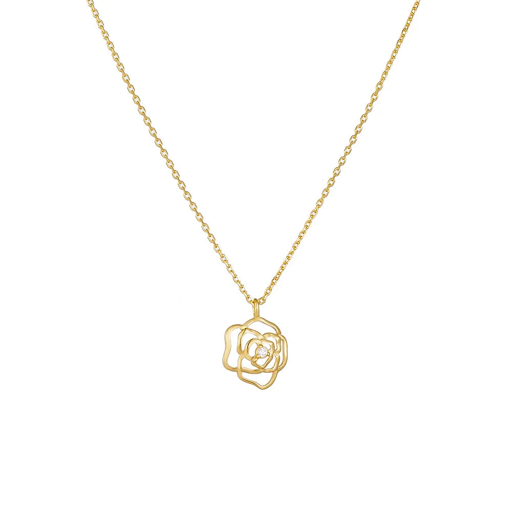 Fashion Jewelry 925 Sterling Silver Flower Necklace Hollow Flower Rose Zircon Pendant Gold Plated Necklaces for Women