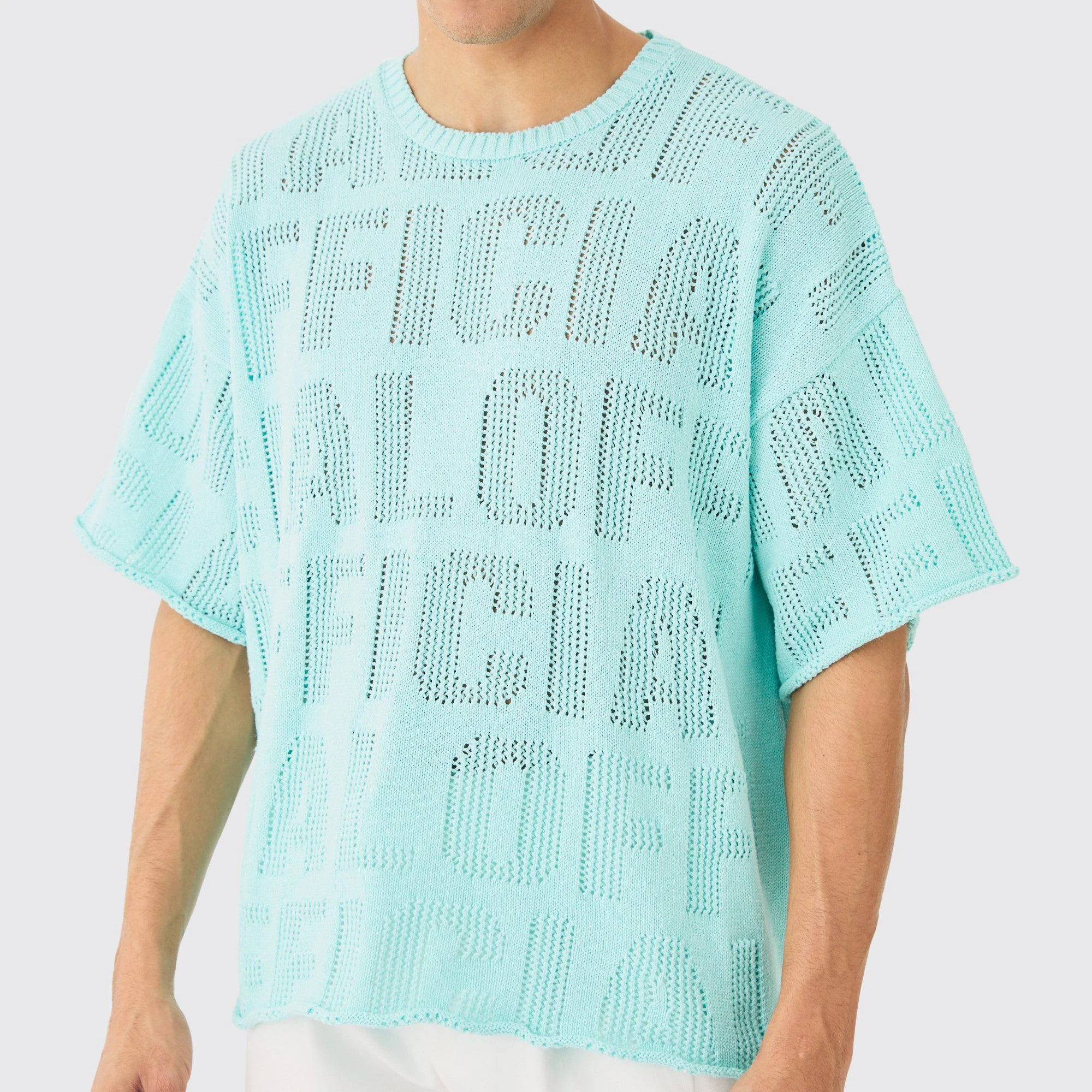 Custom Design logo Summer Beach Mesh Knitwear Knit Top Pullover Short Sleeve  Oversized Crochet Shirt Knitted Men T-shirt