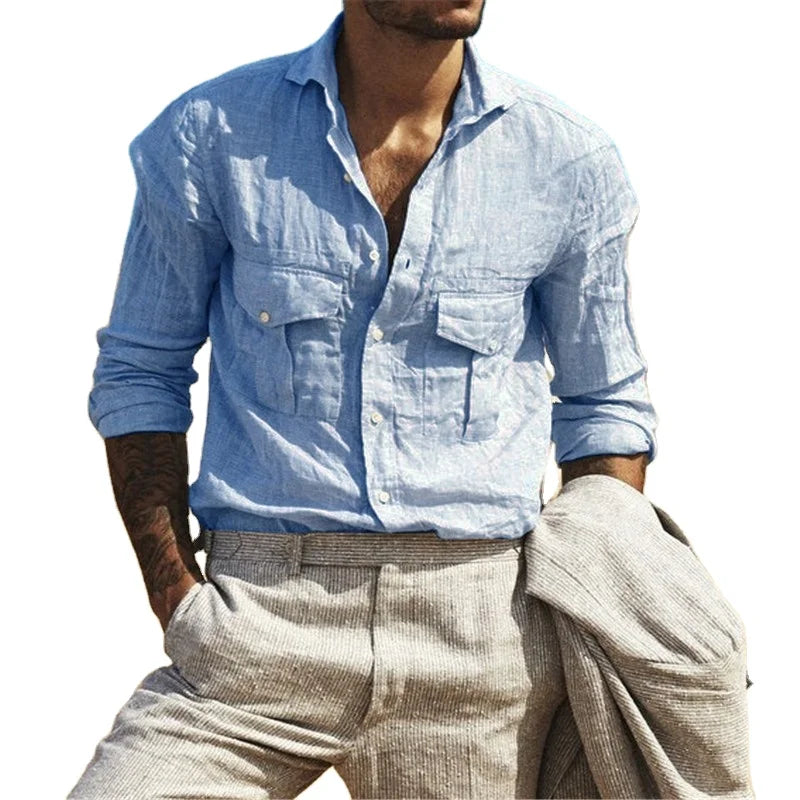 Pocket Linen Shirt Man 2022 Man Shirt Long Sleeve Shirt Linen