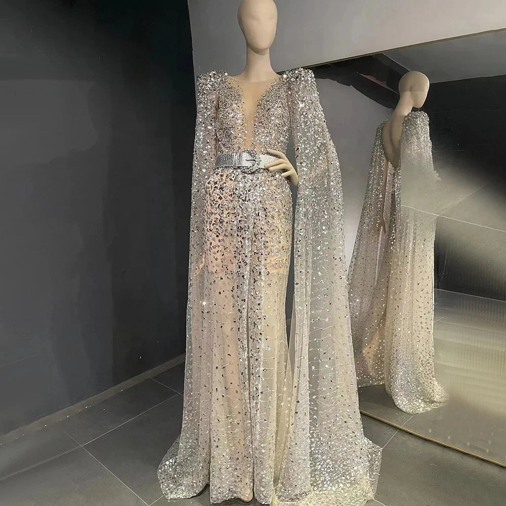 Jancember SZ556 Luxury Backless Sequins Party Women's Long Formal Gowns Dresses With Belt