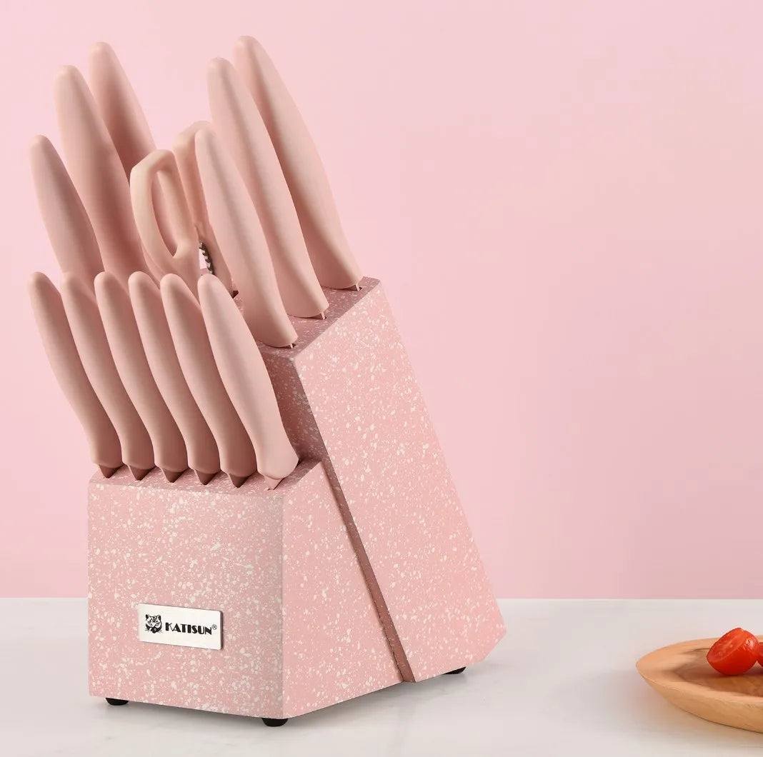 Professional Manufacturer 14 Pcs Pink Steak Knives Kitchen Knife Set with Scissors Knife Holder