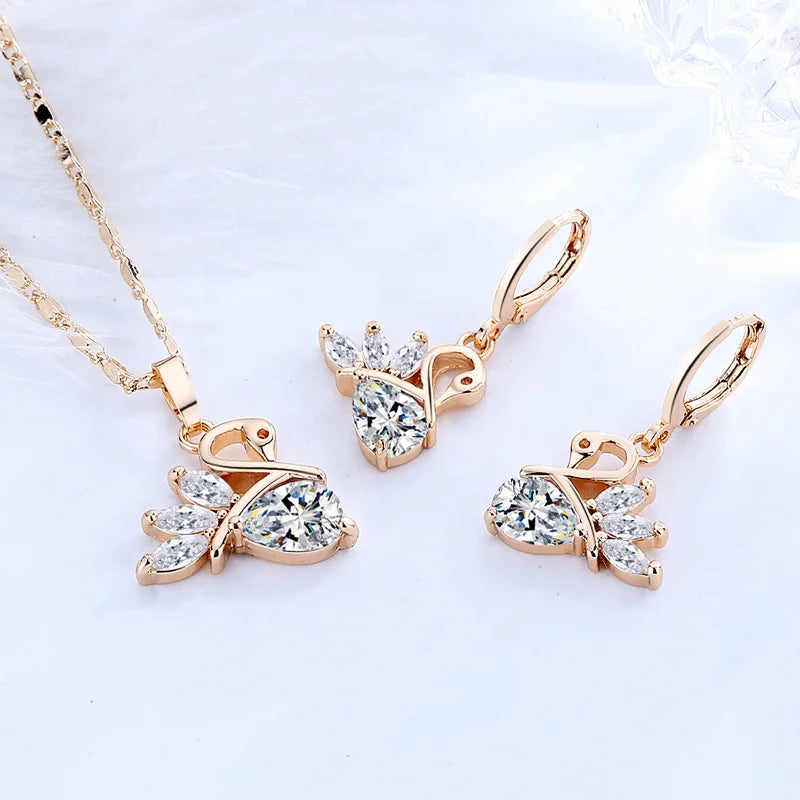 Luxury 18K Gold Plated Trendy Jewellery Elegant Jewelry Set  With Cubic Zirconia Stone for Lady Swan Accessories Sets