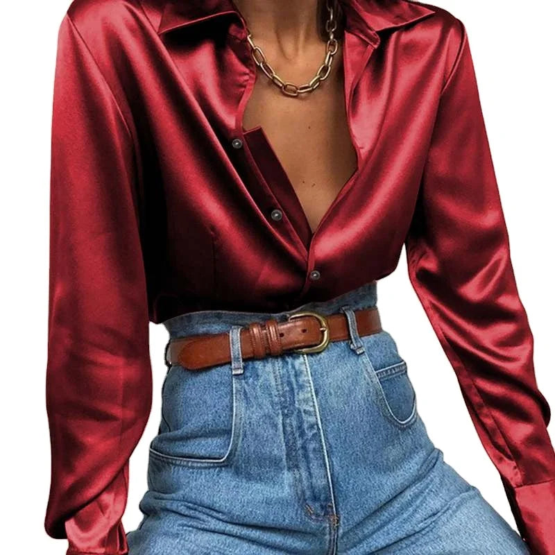 Fashion Women Satin Blouse Shirt Autumn Long Sleeve Lapel Buttons Shirt Elegant Tunic Tops Solid Slik Blusas Female