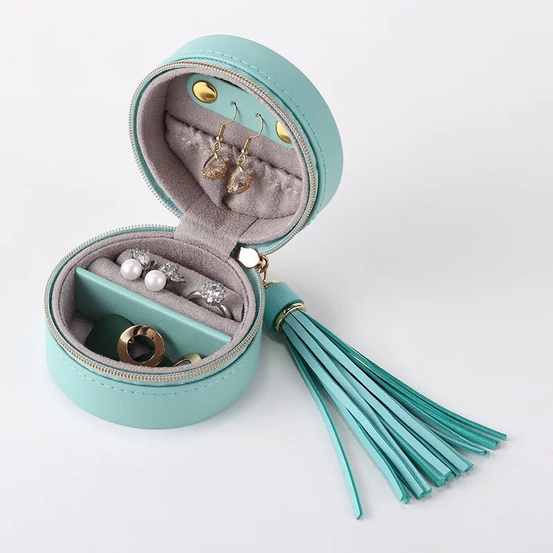 Trending Guangzhou Round Shape Green PU Leather Gift Jewelry Box Organizer Storage Case Pouch Packing Holder for Girls