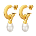 Wholesale Women Jewelry Non Tarnish 18K Gold Plated Stainless Steel Zircon Hoop Earring Imitation Pearl Drop Earrings YF3283