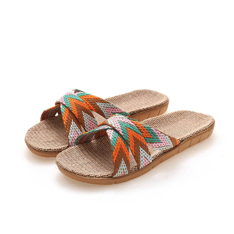 Custom 2025 Summer New Fashion Anti-Slip Indoor Home for Slippers Light Weight Linen Flip Flops for Women Femme Shoes Sandals Fo