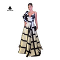High End Customize Voluminous Bow Delicate Deep V-neck Floor-length Striking Black-and-white Grid Pattern Long Dress