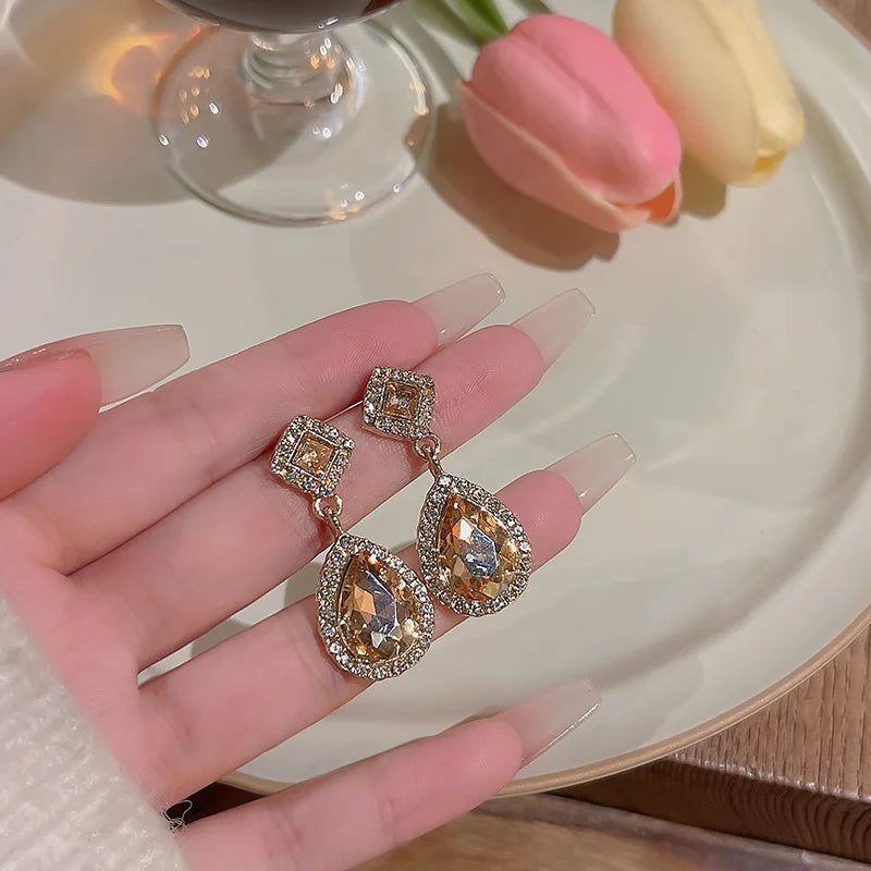 925 Silver Post French Vintage Drop Earrings  Women Temperament Earrings Round Water Drop Zircon Simple Stud Earrings Gifts