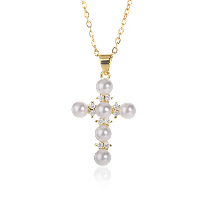 Simple Cross Pendant Necklace European American Inlaid Zircon Pearl National Religious Steel Stainless Necklace