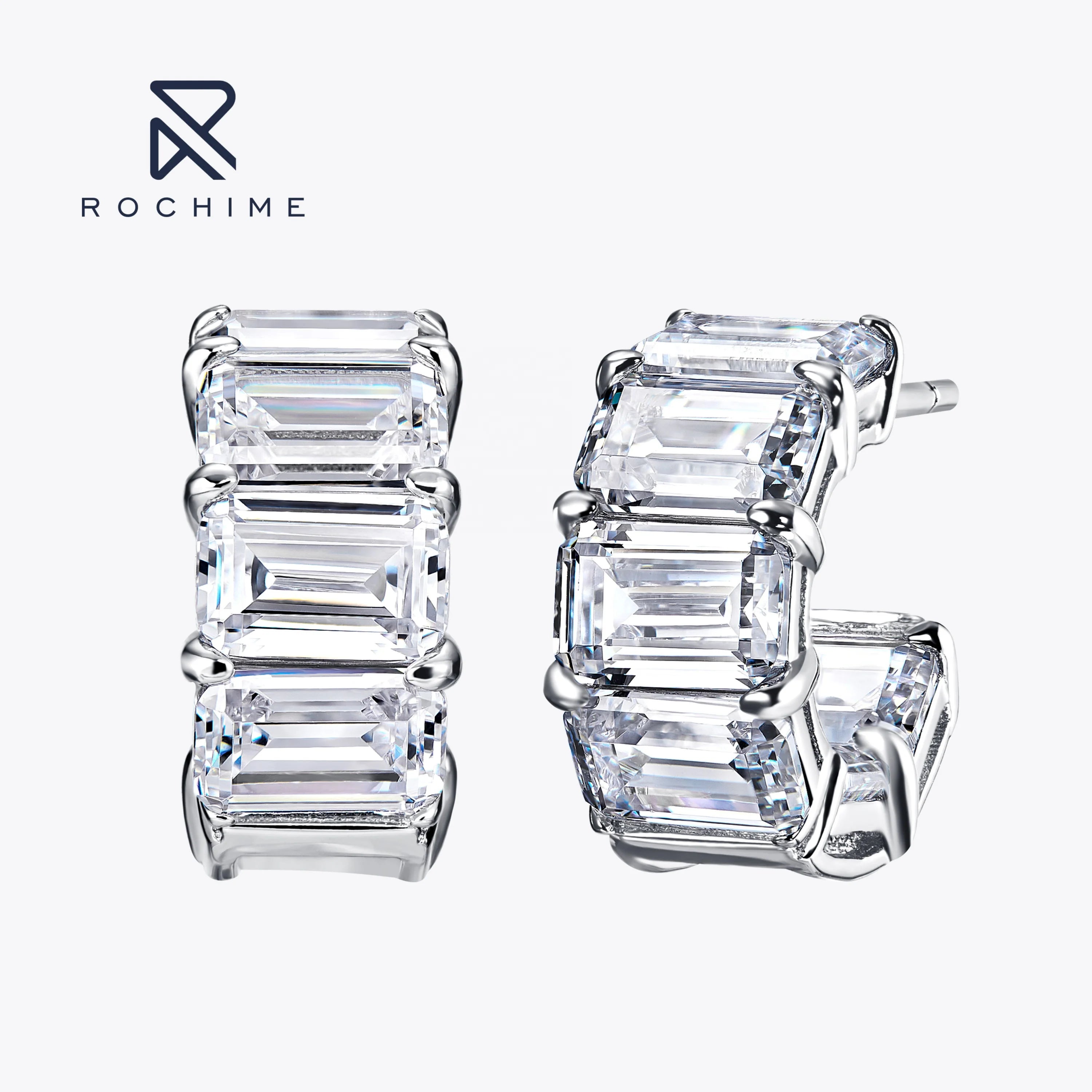 Rochime Emerald Cut Cz Stud Earrings S925 Silver Rhodium Plated 5a Zircon Jewelry for Women