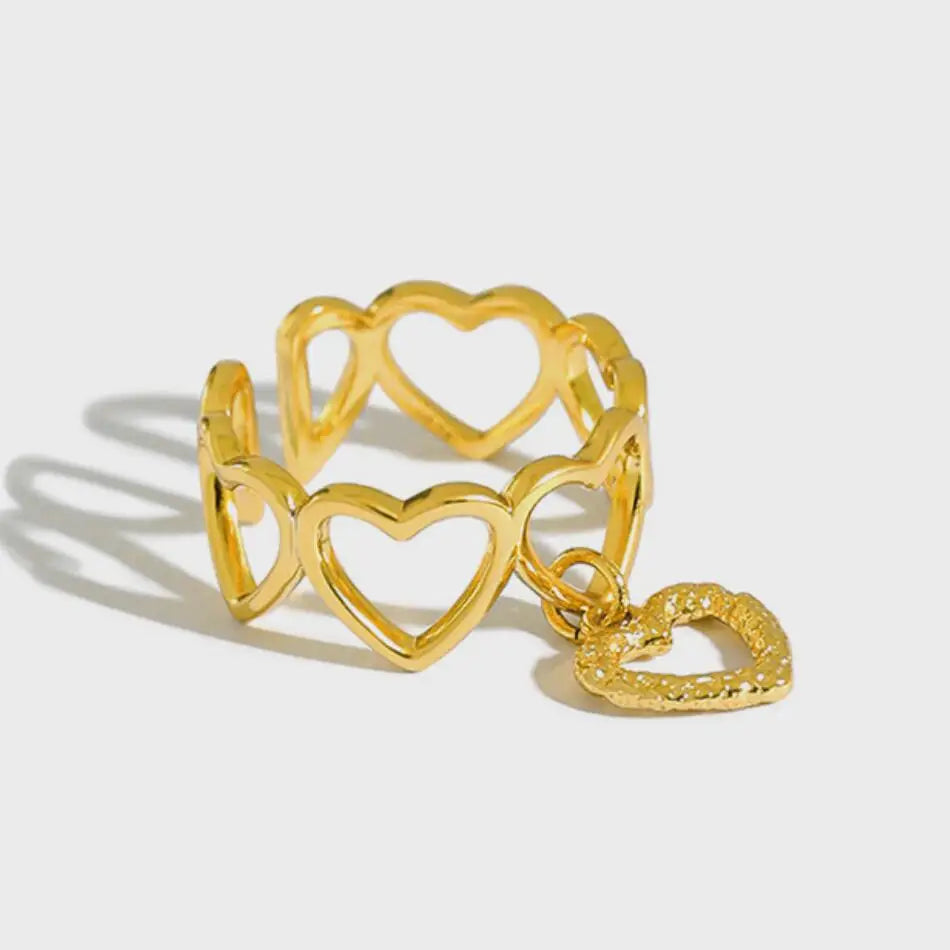 MELYNN Trendy Heart Rings 925 Sterling Silver Adjustable Ring with Charm 18k Gold Plated Jewelry for Women