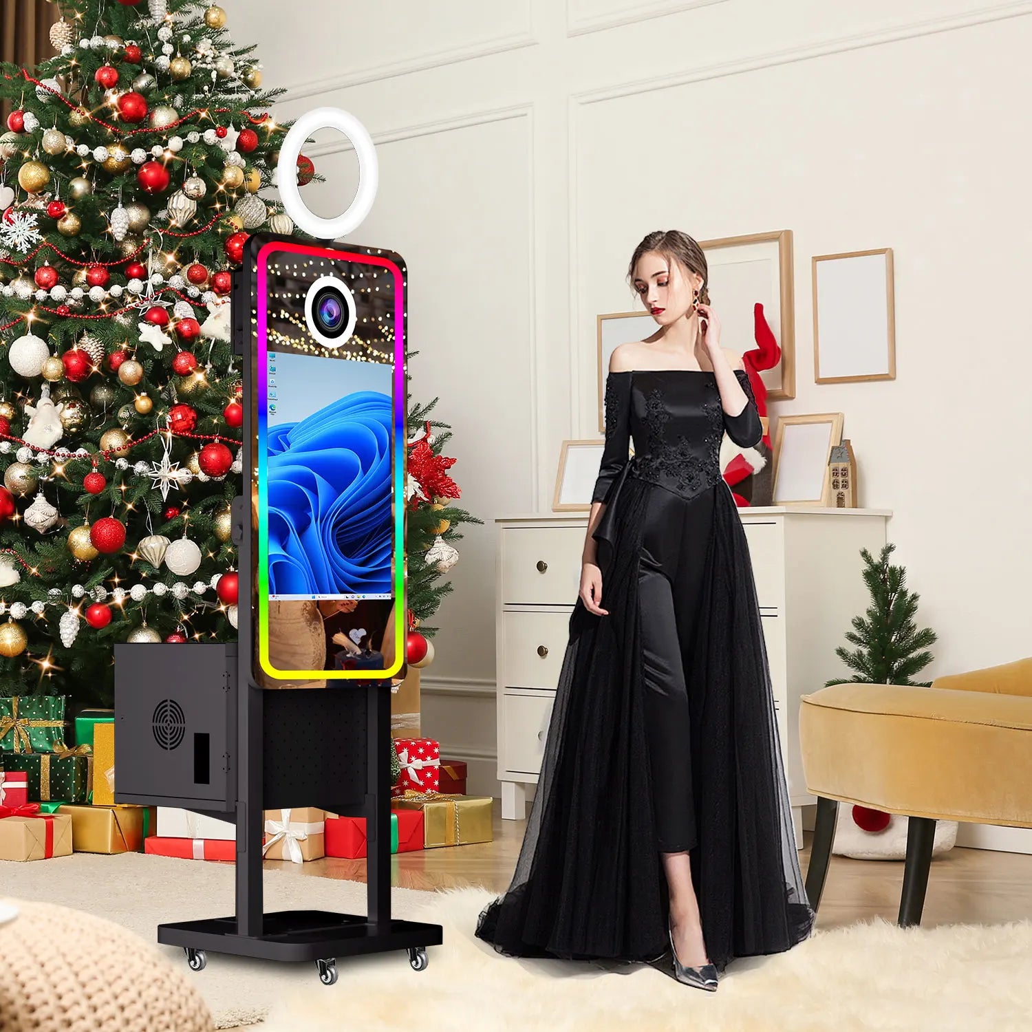 HOYIS VY-M7032 Mirror Photo Booth Machine Touch Screen 21.5" Instant Print Metal Construction RGB Light Strip SLR Compatible for