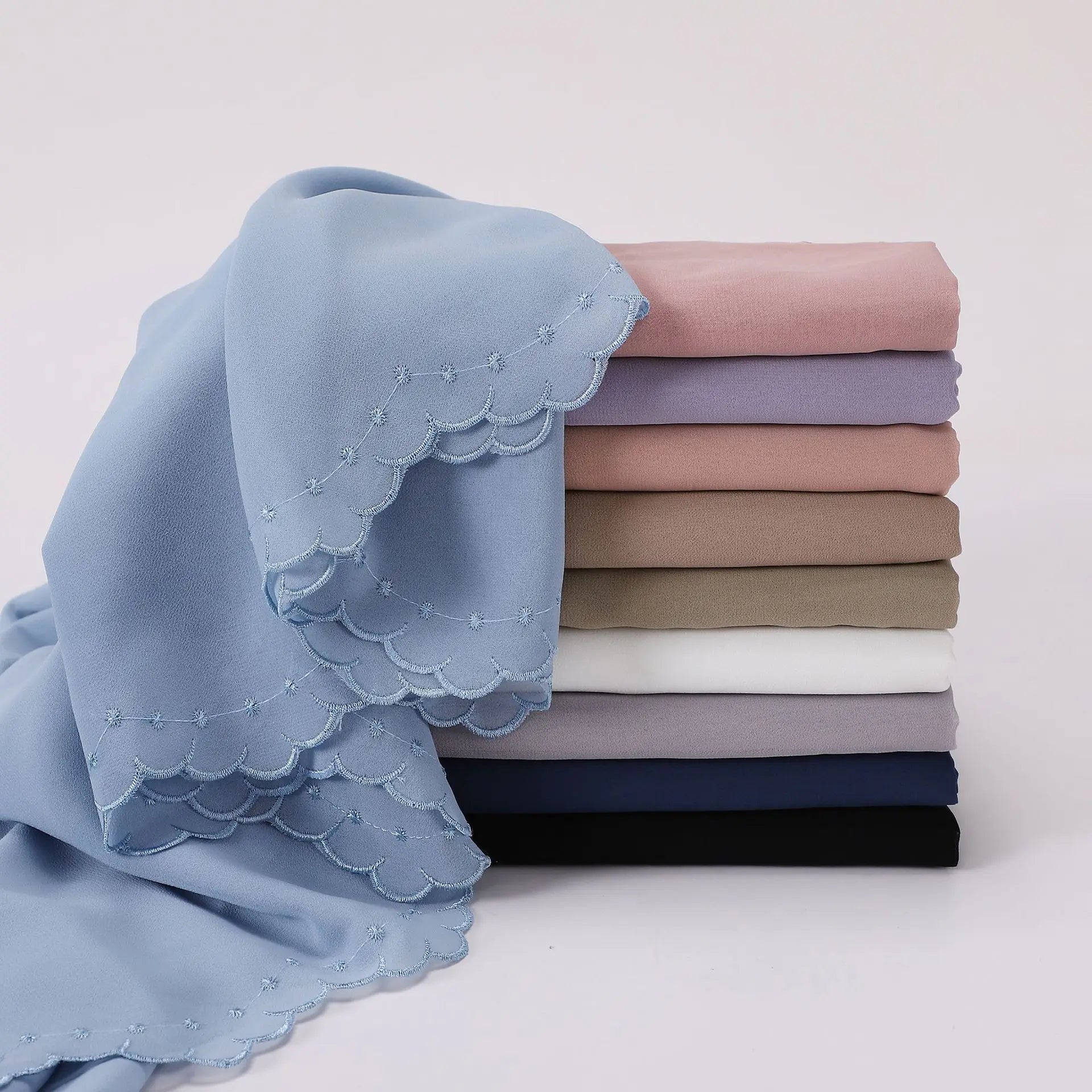 Wholesale Custom Flower Scallop Embroidered Scarf  Malaysian Diamond  Heavy Chiffon Hijab