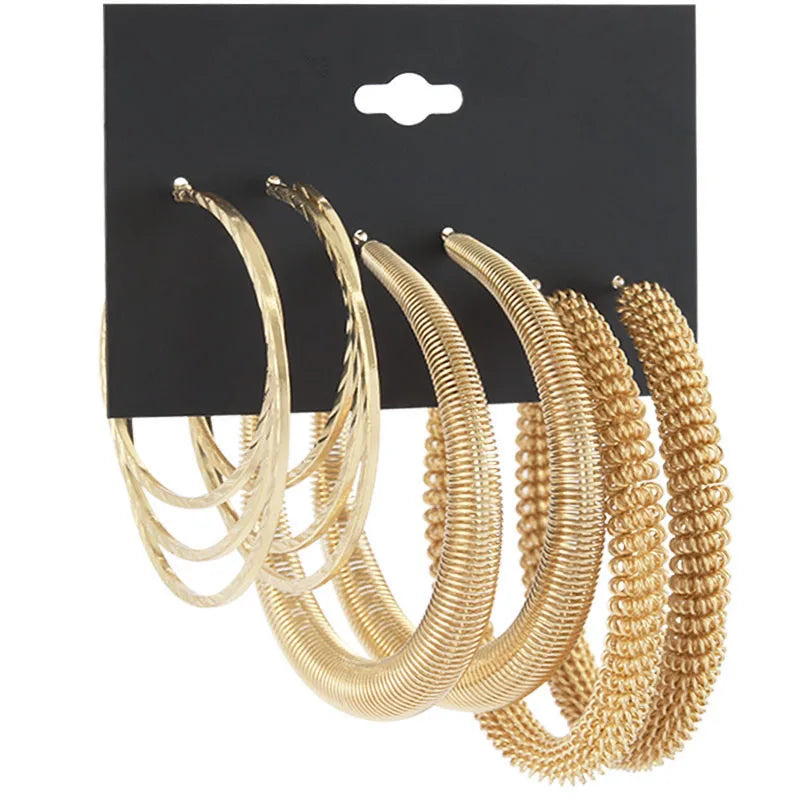 Fashion Alloy Gold Plated Big Circle Earrings Gold Hoop Earring Three Piece Set Jewelry for Women