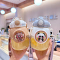 820ml Outdoor Portable Cute Kids Cartoon Animal Bear Plastic Water Bottle with Straws Handle Strap for Children