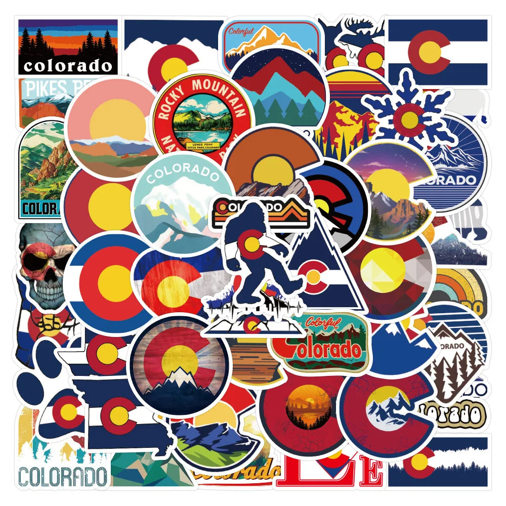 50Pcs American Colorado State Flag Graffiti Stickers for Phone Laptop Wall Waterproof Vinyl Map Sticker