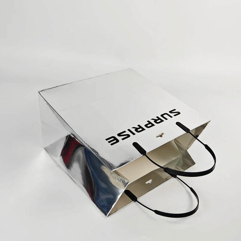 Luxury Silver Cardboard Paper Handbag Shopping Packaging Custom Print logo Gift Paper Bags