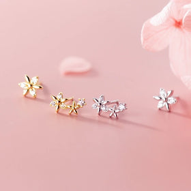 S925 Sterling Silver Stud Earrings Inlaid Zircon Asymmetric Small Flower Fashion Earrings Cute Ear Jewelry Earrings Women