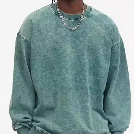 Wholesale 420gsm Washed Men's Round Neck Hoodie Heavy Loose Blank Street Retro Coat