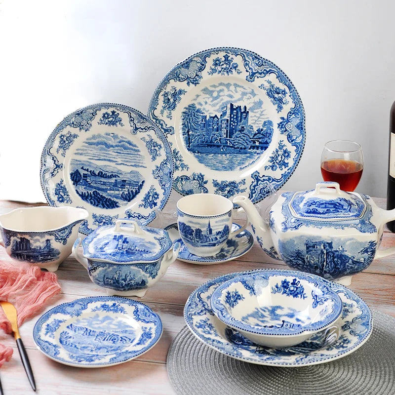 Classic Good Quality European Blue Castle Series Ceramic Dessert Plate Dinner Plate