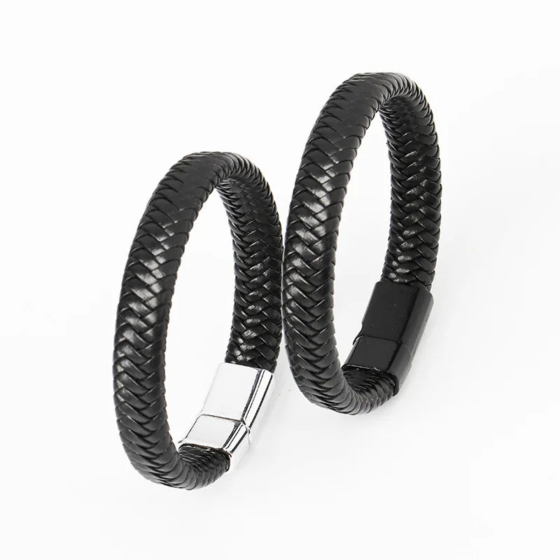 Classic Retro Woven Leather Bracelet With Stainless Steel Magnetic Buckle Fashion Charm  Bracelets for Men