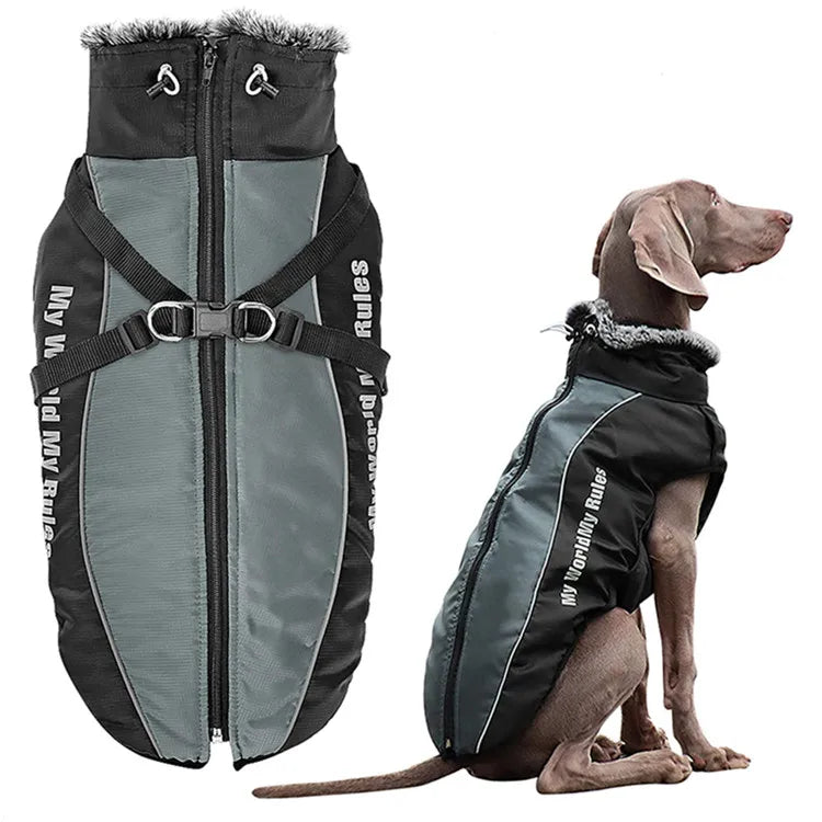 Wholesale Reflective Fur Collar Warm Winter Dog Clothes Vest Windbreaker Pet Jacket Coat with Harness for Medium Large Dogs