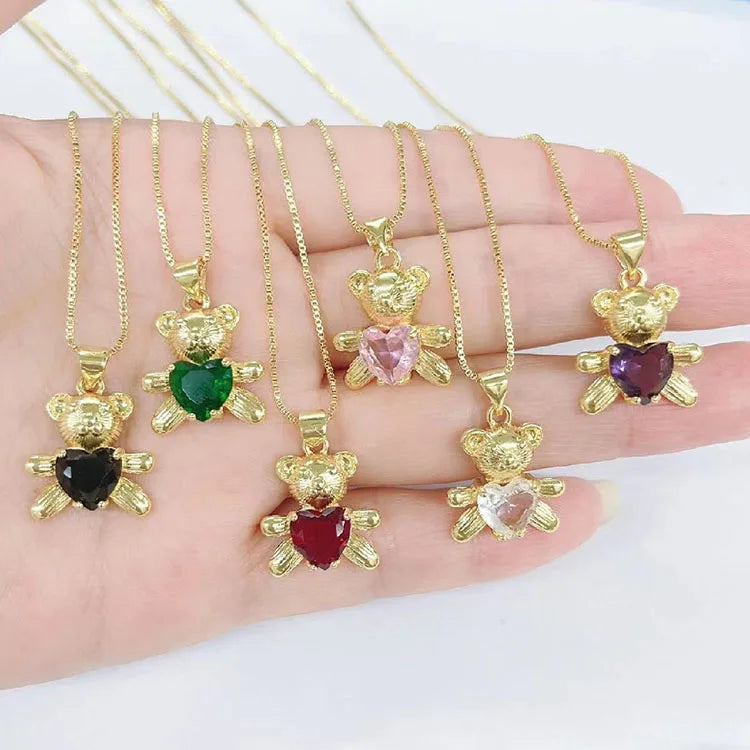 NZ1225 Popular 18k Gold Plated Brass Colored CZ Diamond Gemstone Bear Charm Pendant Necklaces