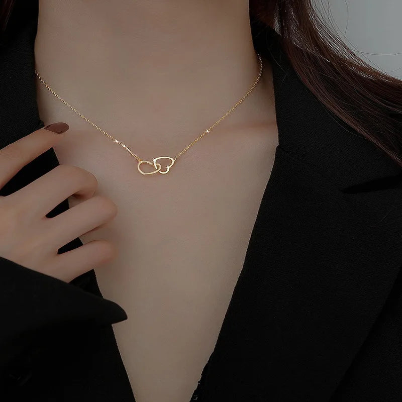 Fashion Design Gold Plated Light Luxury Necklace 2021 Stainless Steel Double Heart Necklace