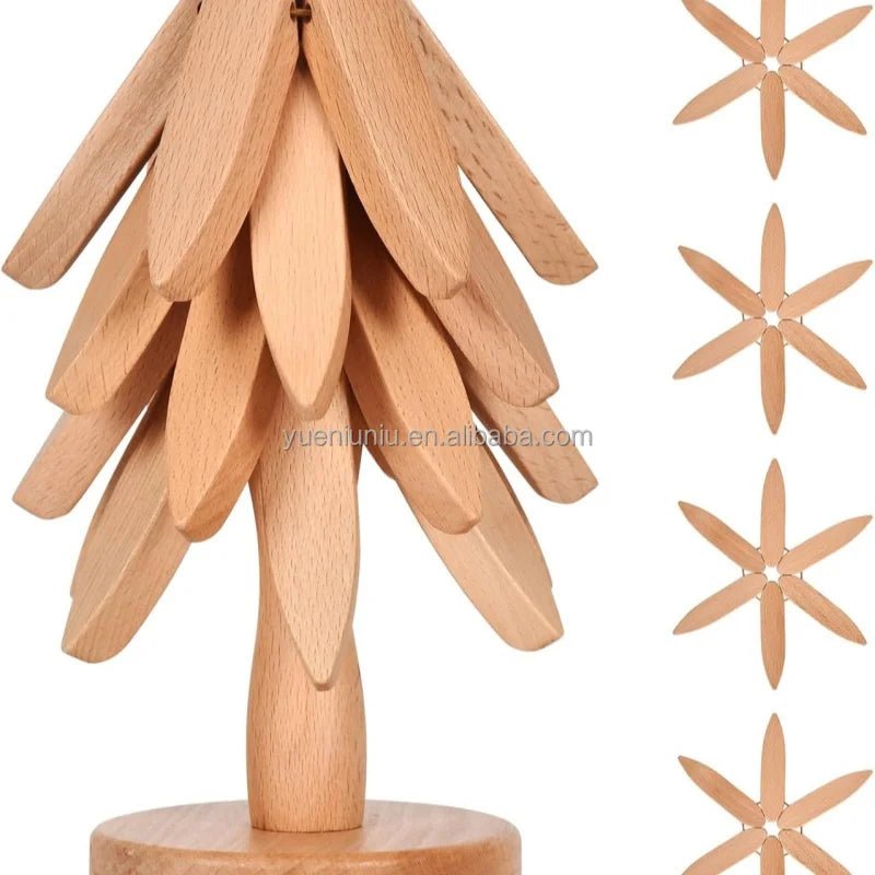 Modern Style 4-Pack Sapeli Wooden Hot Dish Coasters Christmas Tree-Shaped with Engraving for Home Decorative Use
