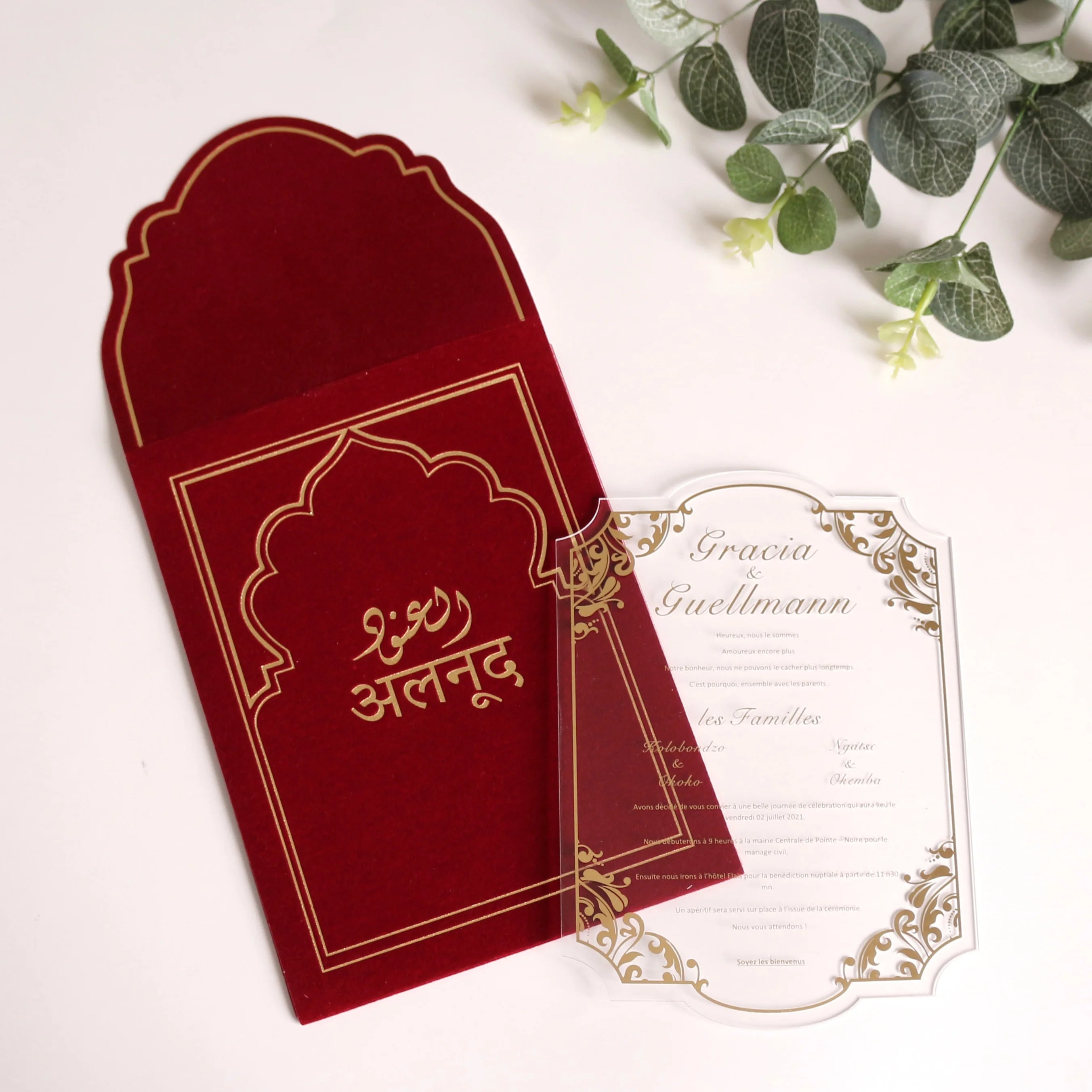 Custom Gold Foil Clear Acrylic Invitation With Red Velvet Envelope Wedding Cards for Wedding