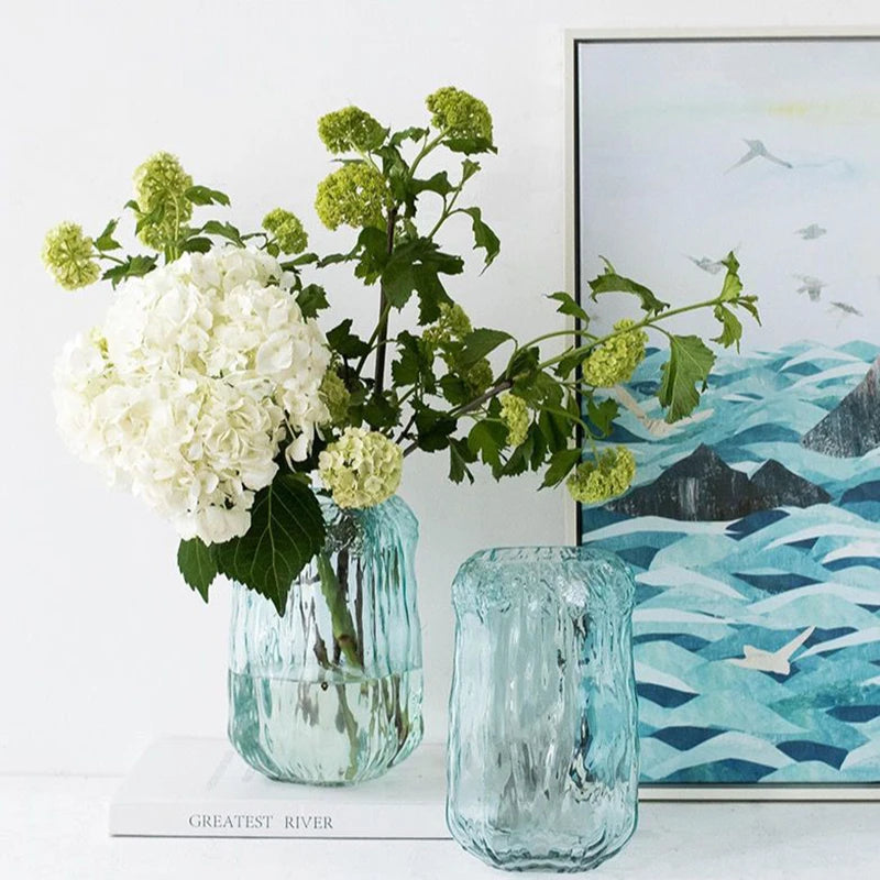 Modern Home Gardening Decoration Blue Transparent Flower Glass Vase with Tree Root Pattern for Cultivating Plants and Flowers