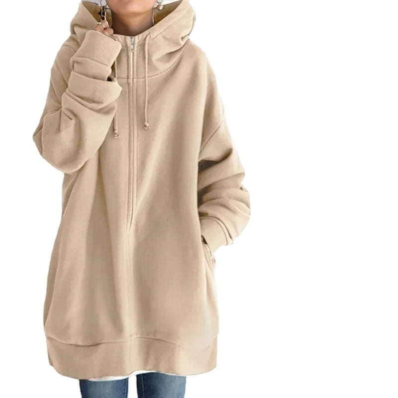 Elegant Hooded Sweatshirts Women's Solid Hoodies Casual Long Sleeve Zipper Coat Female Outwear Jackets Oversized Top Fashion New