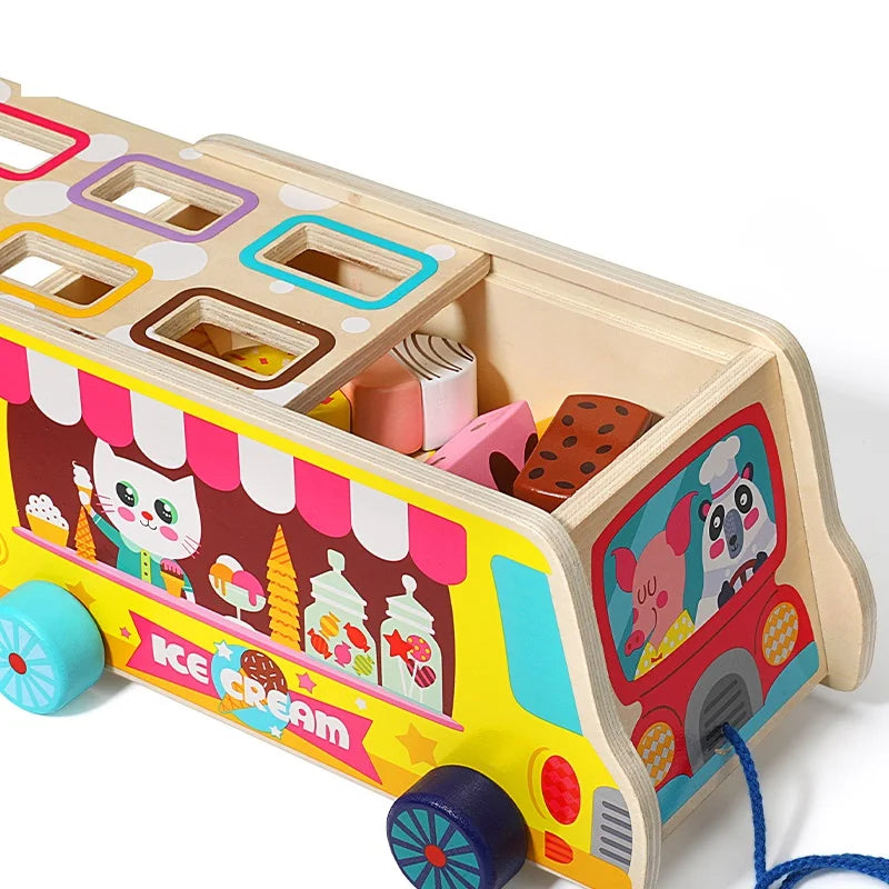 Children's Educational Wooden Toys Children's Drag Ice Cream Truck Shape and Color Recognition Matching Trailer Towing Game Toy