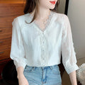 Summer Women's Solid Woven Chiffon Blouse Vintage Lace Tops Elegant Casual Loose Fit Hollow Out Office Wear
