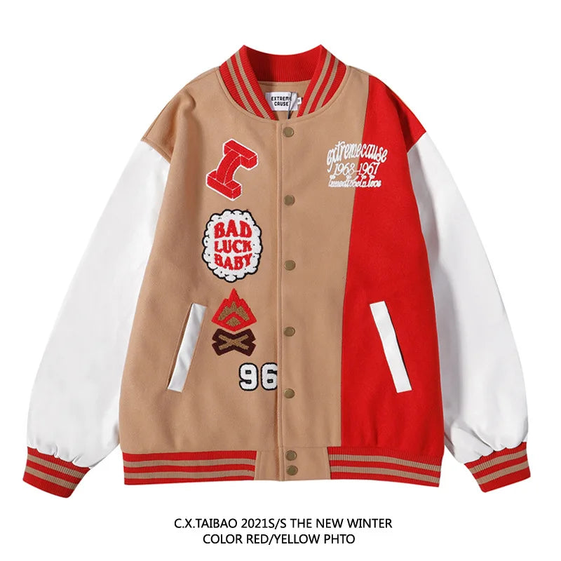 Custom Satin Letterman Baseball Varsity Jackets with Stand Collar 100% Cotton Hip-Hop Style Contrast Color Stitching