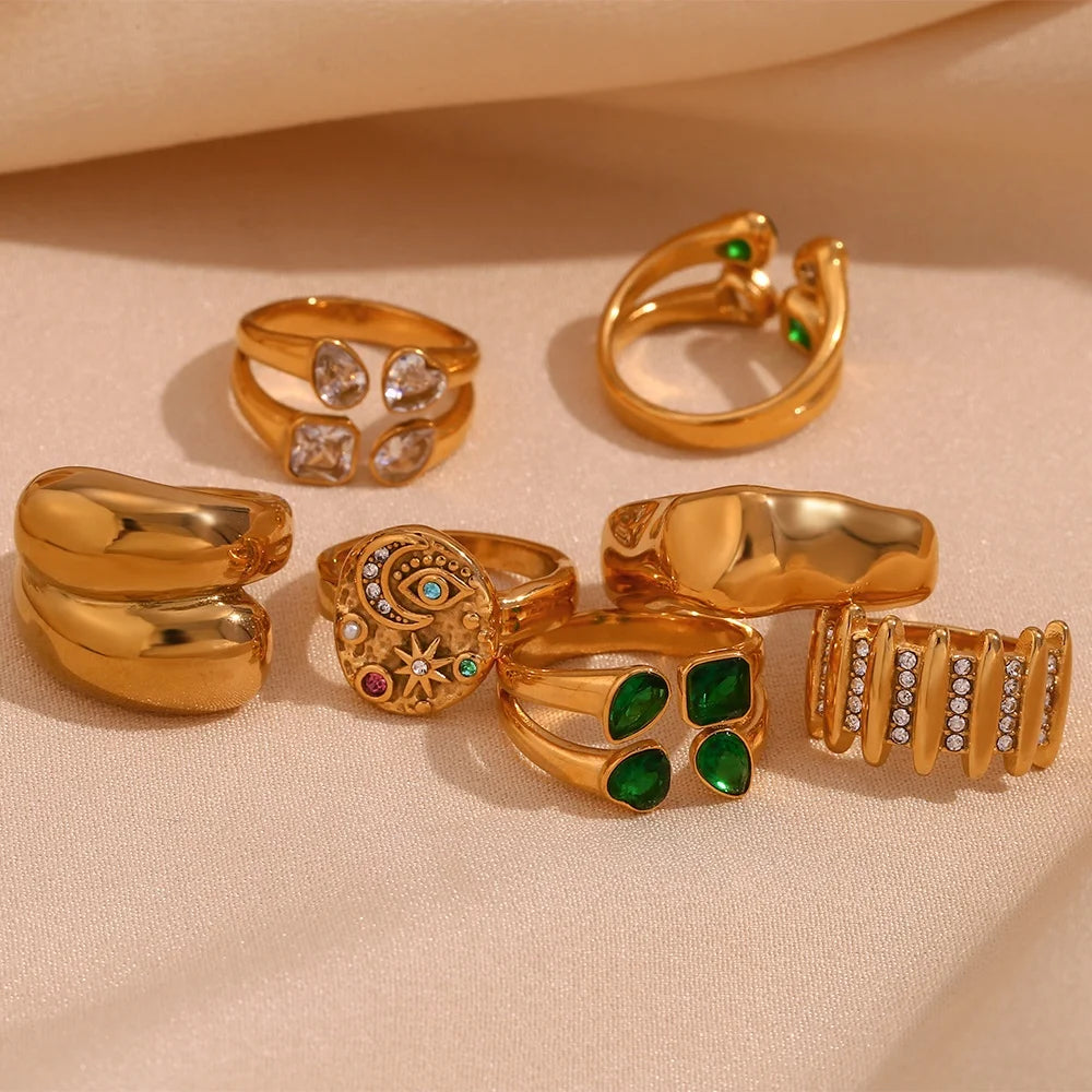 Dreamshow Tarnish Free Ring Set Shining Rhinestone Zircon Waterproof 18k Gold Plated Stainless Steel Rings Women