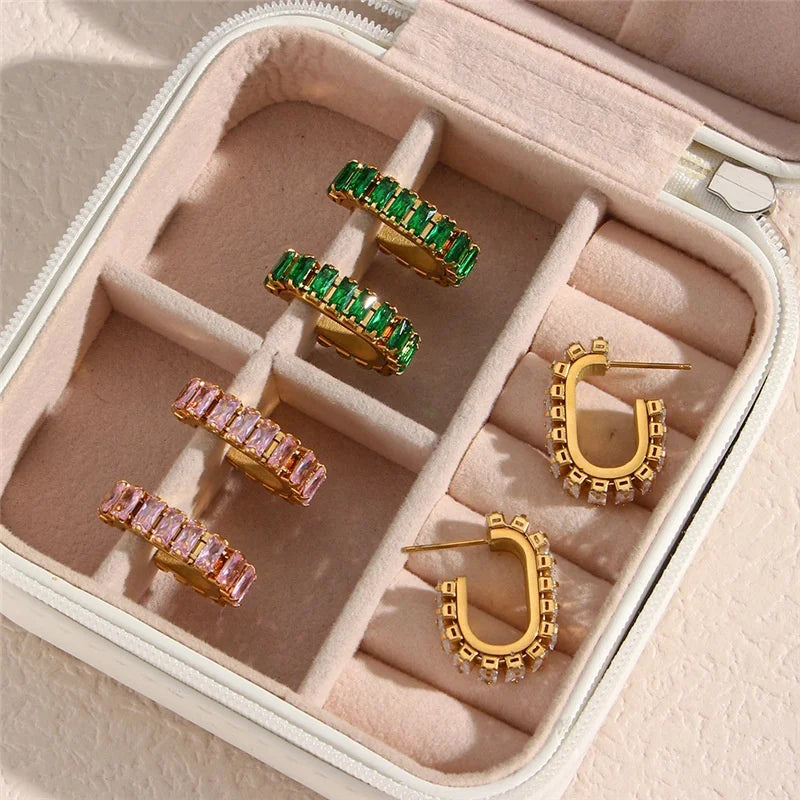 New Arrivals Bling Rectangle Cubic Zirconia CZ Open Hoop Huggie Earrings Stainless Steel 18k Gold Plated Jewelry for Women
