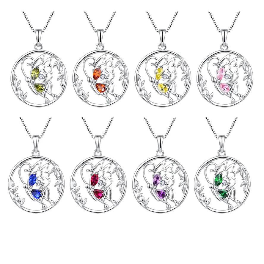 925 Sterling Silver Butterfly Pendant Necklace Rhodium Plated Birthstone Colorful Cubic Zirconia Butterfly Necklace for Women