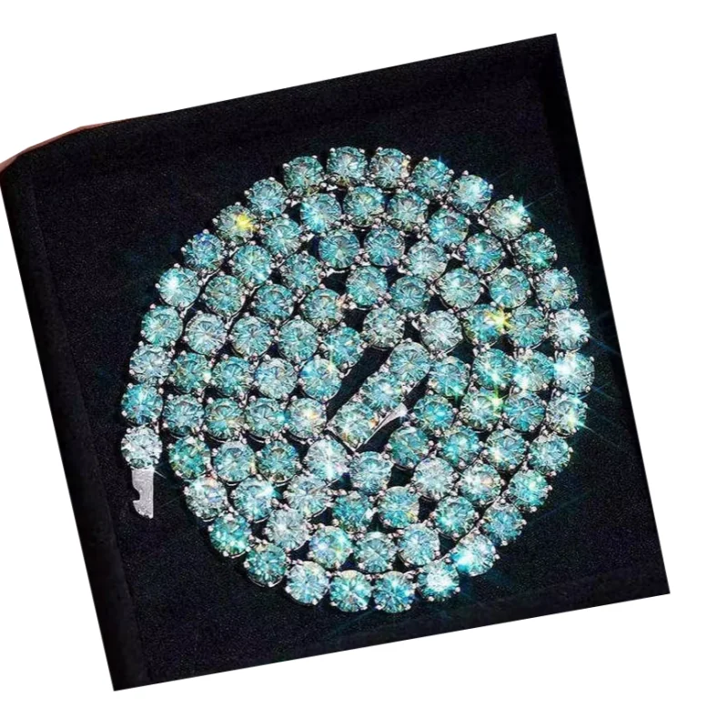 Wholesale Price 925 Sterling Silver 24inches 6.5mm Blue Green Colored Moissanite Tennis Necklace Chain