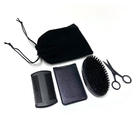 FOCSTAR Black Stainless Steel & Wood BTA010 Beard Grooming Kit with Scissors Brush Comb PU Custom Logo Gift Box Personal Care