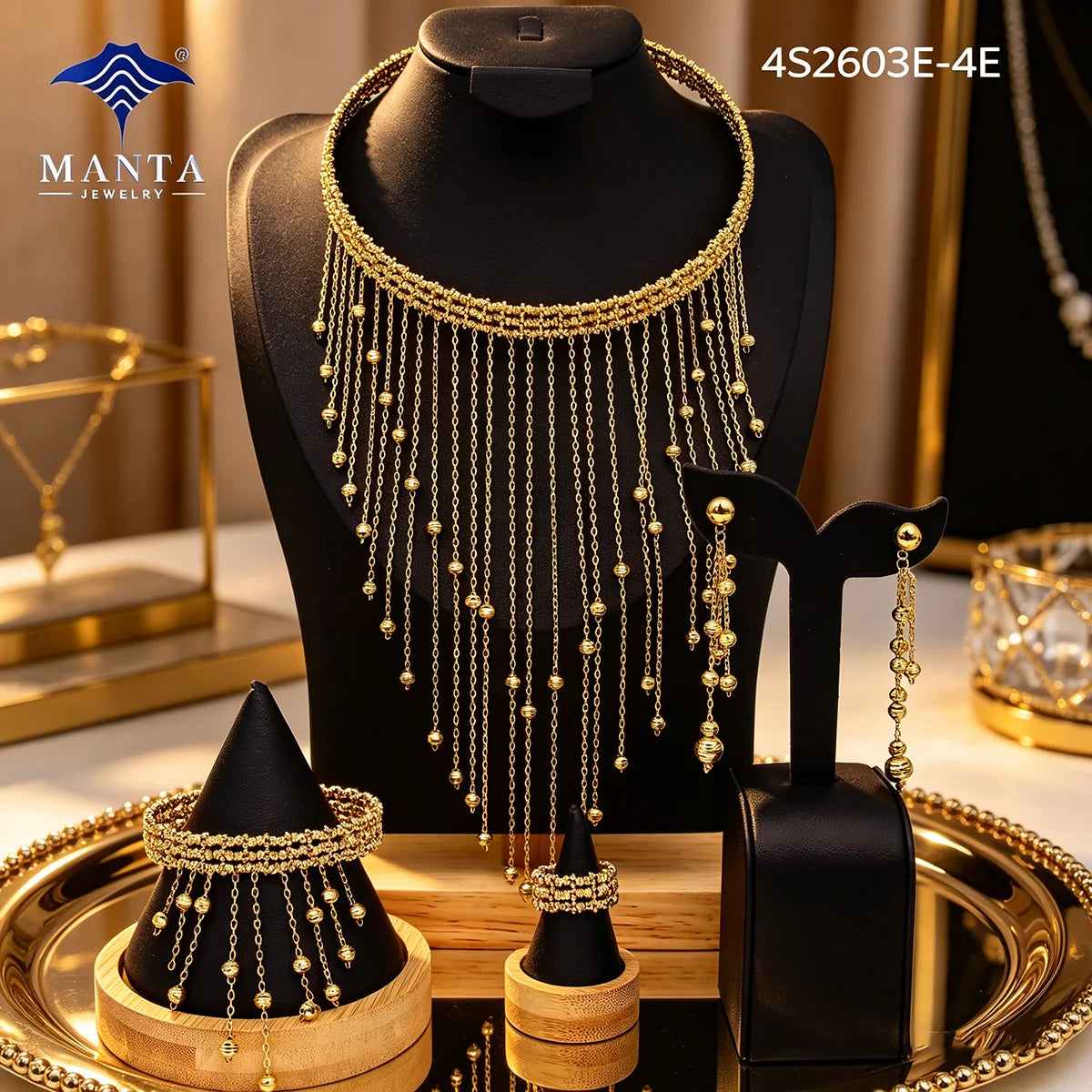 Luxury 18K Gold Plated V Shape Rhinestone Jewelry Set Women Wedding Party Necklace Earring Ring Bracelet 4PCS Wholesale