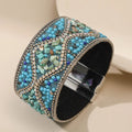 Handmade Bohemian Magnetic Buckle Bracelet Natural Gravel and Diamond Wide Leather Cuff Fashionable Accessory