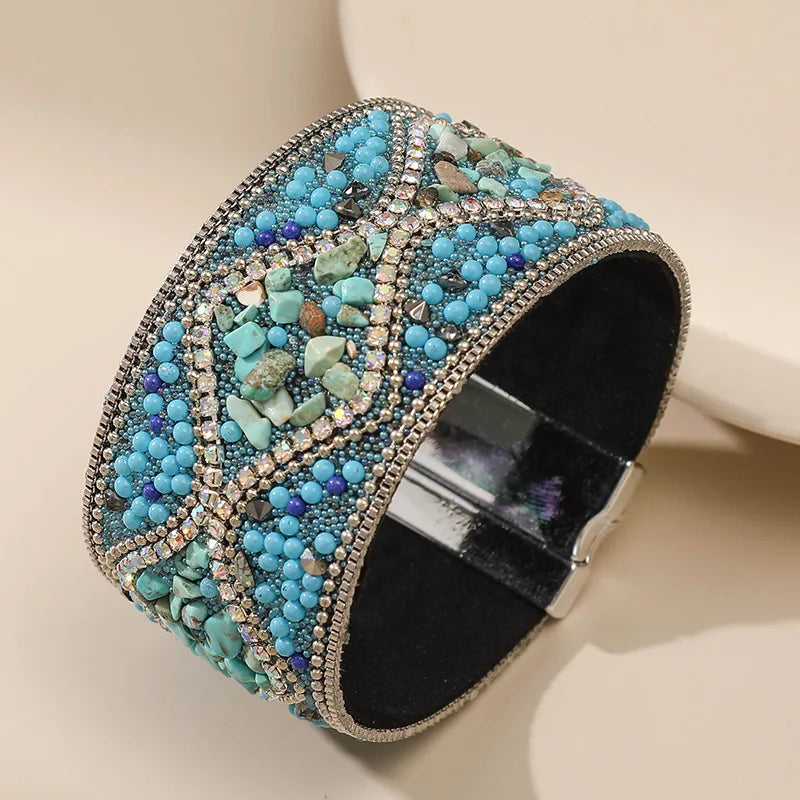 Handmade Bohemian Magnetic Buckle Bracelet Natural Gravel and Diamond Wide Leather Cuff Fashionable Accessory