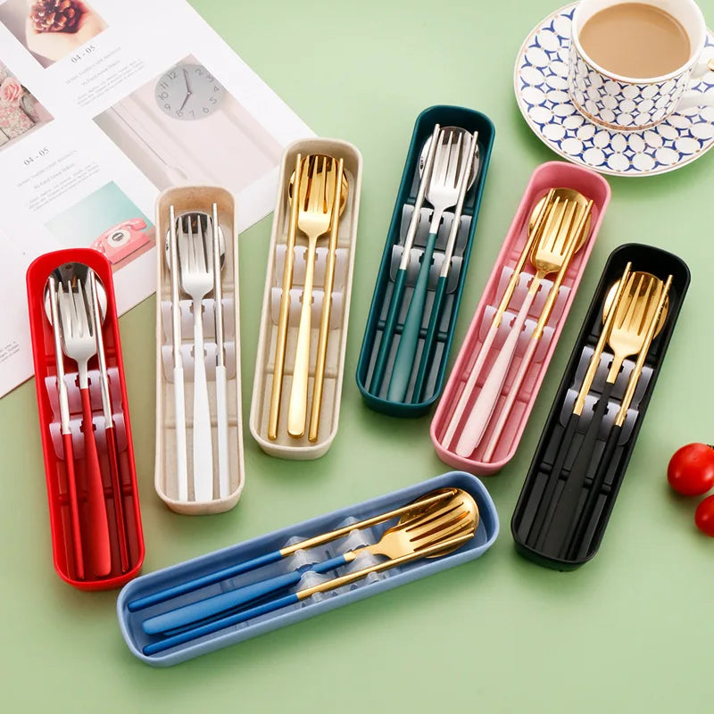 Hot Sale Metal Spoon Fork Chopsticks 3 Pieces Student Portable Cutlery Set Stainless Steel Outdoor Camping Travel Cutlery Set