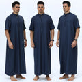 2025 Navy Blue Short-Sleeve Thobe with Zipper & Pocket Islamic Clothing for Men Elegant Modest Long Robe