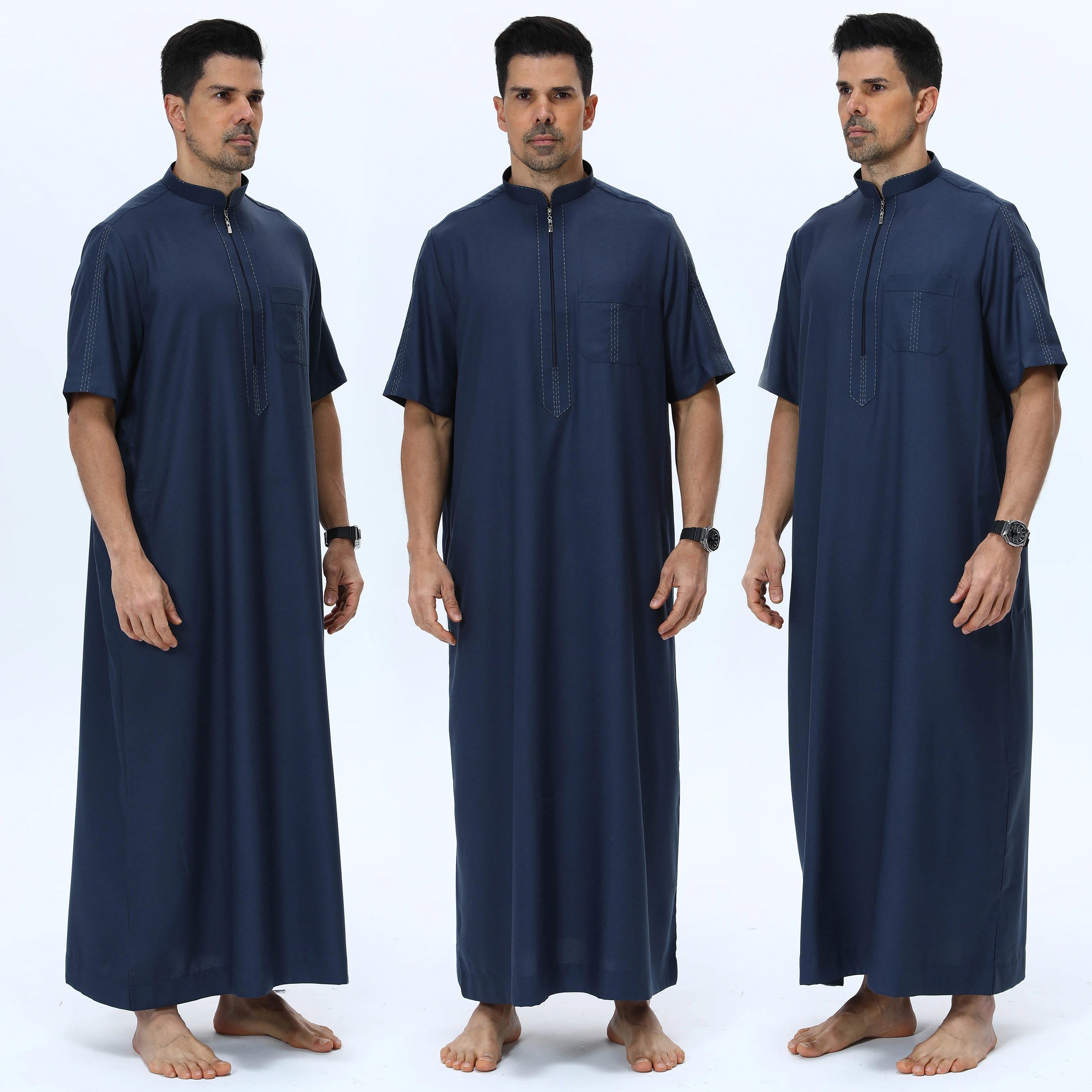 2025 Navy Blue Short-Sleeve Thobe with Zipper & Pocket Islamic Clothing for Men Elegant Modest Long Robe