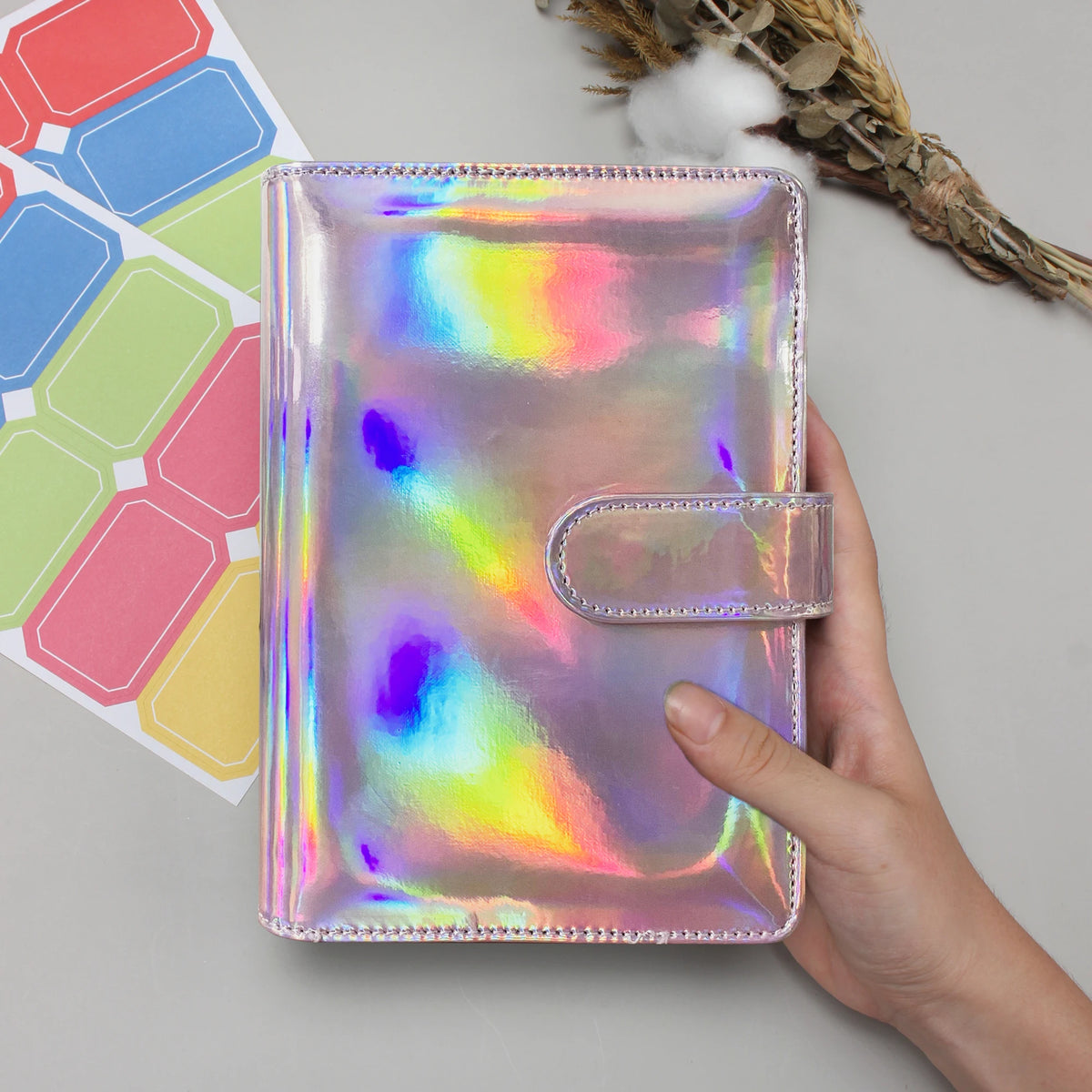 Wholesale Colorful Loose Leaf 6 Ring Pu Leather Budget Binder Holographic Dazzling Colors A6 Budget Binder With Cash Envelopes