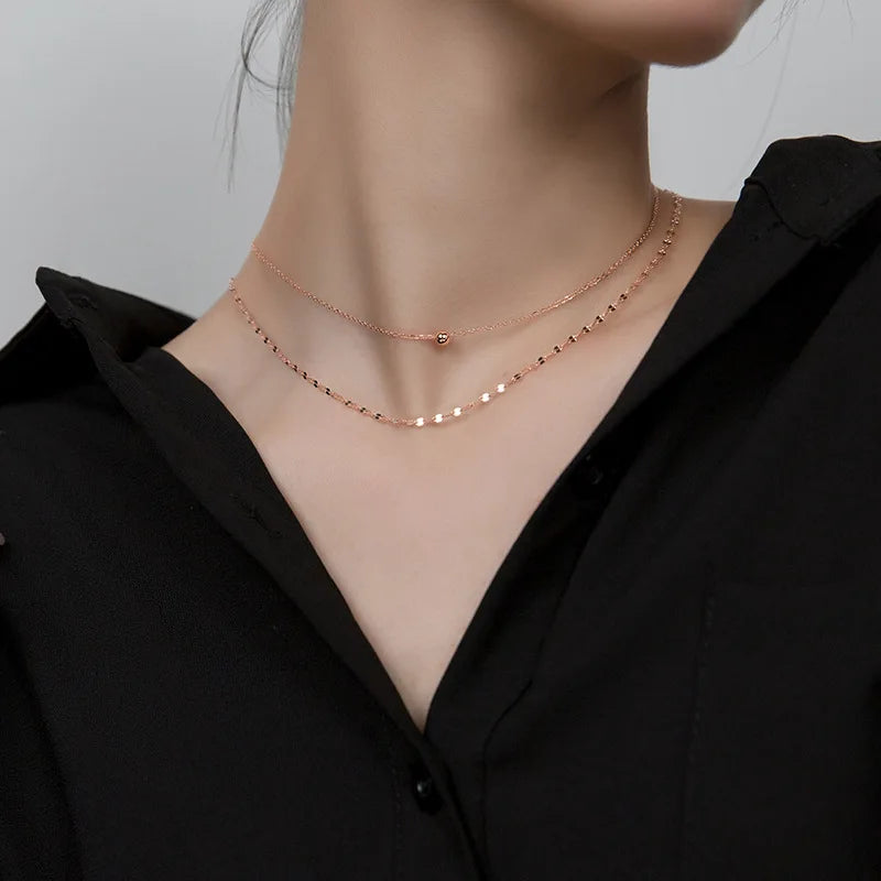 925 Sterling Silver Rose Gold Plated Necklace Statement Double Layered Chain Chokers Necklaces Fashion Jewelry for Women