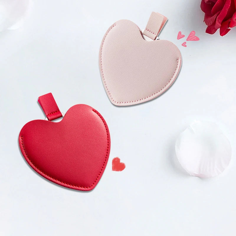 Compact Stainless Steel Mirror Heart Shaped Shatterproof Pocket Mirror with PU Leather Sleeve Mini Purse Mirror for Women Girls
